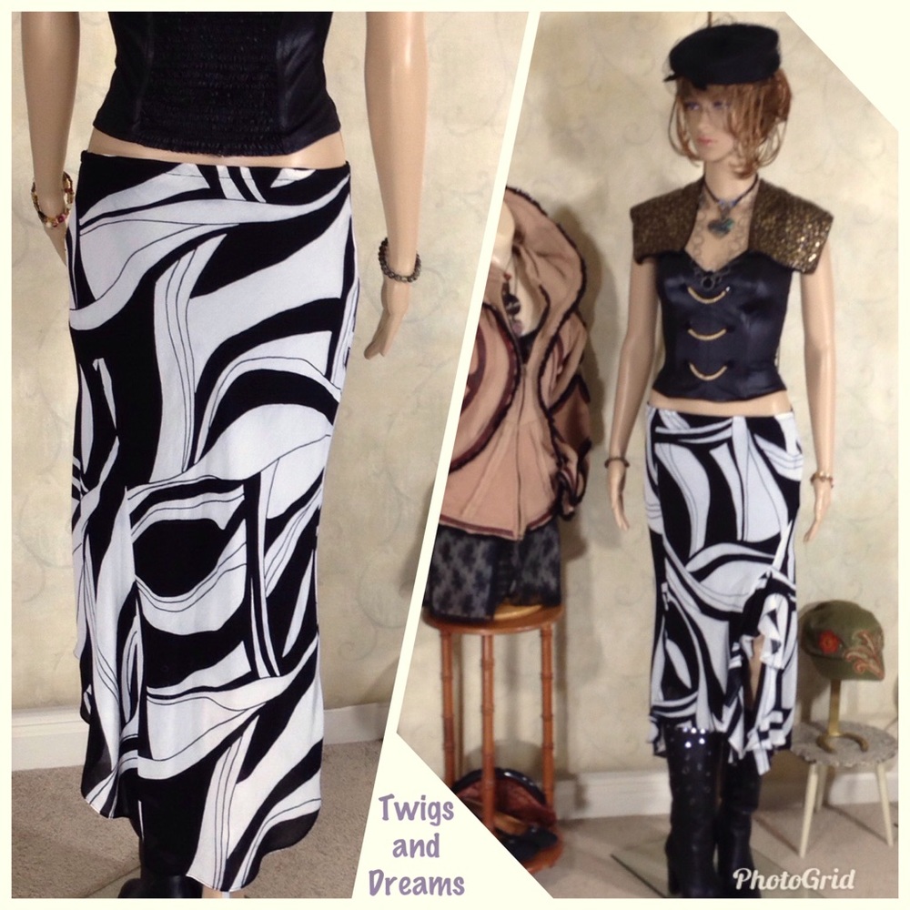 Vintage Bias Cut Ruffle Slit Skirt Black White 6